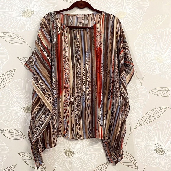 CHICO'S Size S/M Vertical Striped Brown Rust Blue Cream Animal Print Poncho - Picture 1 of 4